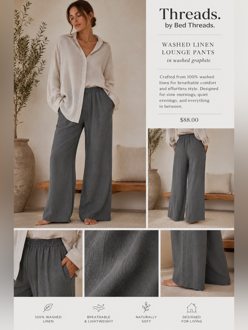 Threads by Bed Threads washed linen lounge pants washed graphite Size XS NWOT